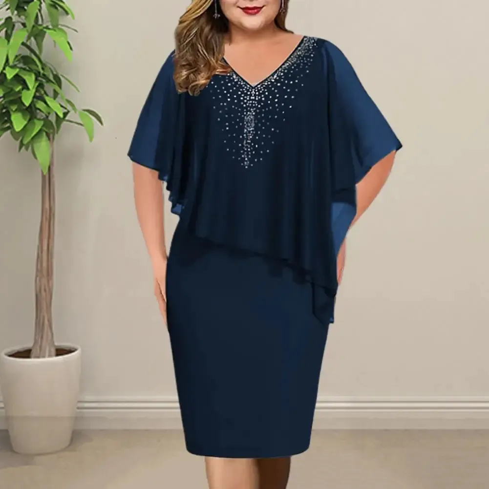 Plus Size Irregular Bodycon Chiffon rhinestone evening Dress for Banquets, Proms, and Parties - Elegant Midi Dress with Dres Garment (240422)