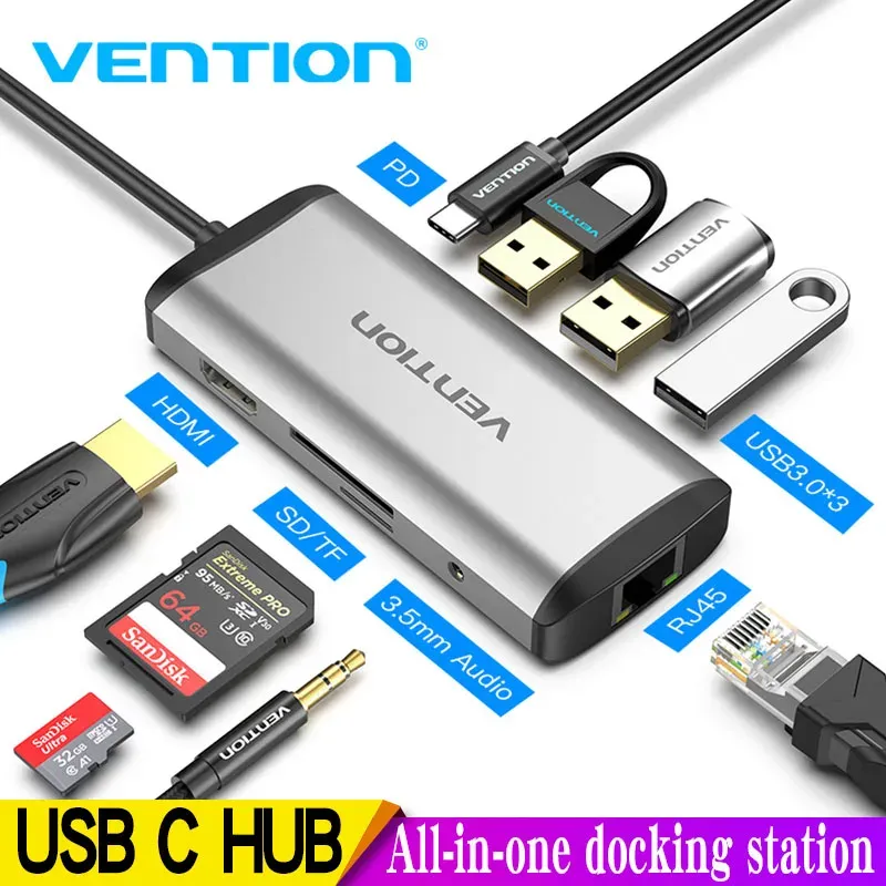Hubs Vention USB C Hub Typecから4K HDMI RJ45 VGA USB 3.0 Hub Dock for Book Pro Huawei Mate 30 USBC 3.1スプリッターポートUSBCハブ