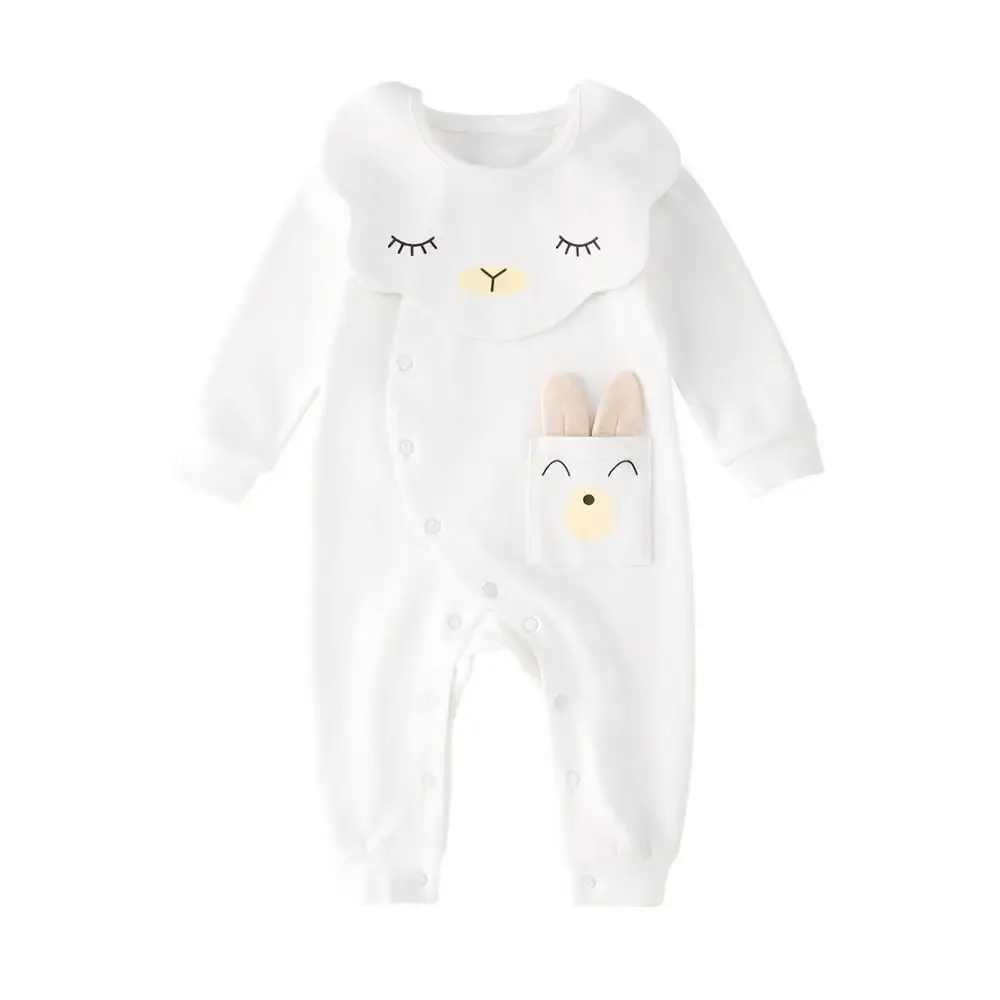 Einstoffe reine geborene Neugeborene Baby Mädchen Strampler Cartoon Hase Baby Jumpsuit mit abnehmbarem Lätzchen Langarm Frühling Herbst Baumwollbabykleidung