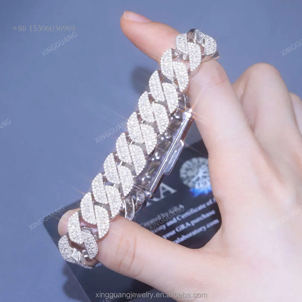 Горячая продажа 15 мм Sier VVS Moissanite Cuban Link Diamond Chain Fine Jewelless Bracelet для хип-хопа