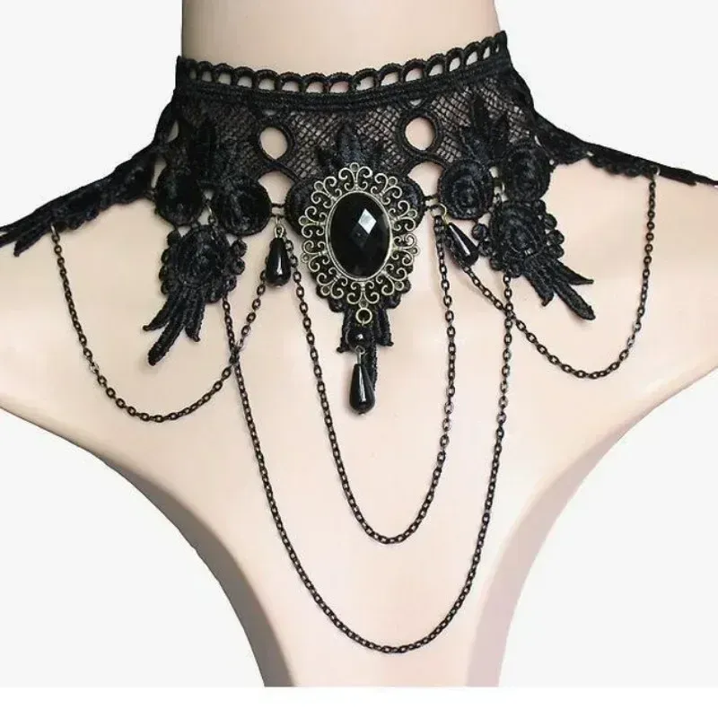 Colliers Nouveaux colliers de dentelle noire victorienne FILLE FILLE Tassel Choker Steampunk Loli Style Halloween Jewelry Earres