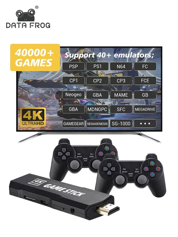 Console Data Frog Retro Game Stick 4K dla PSP/PS1/N64 Mini przenośny wideo bezprzewodowy kontroler gier Wbudowany 40000 klasy klasycznych telewizji