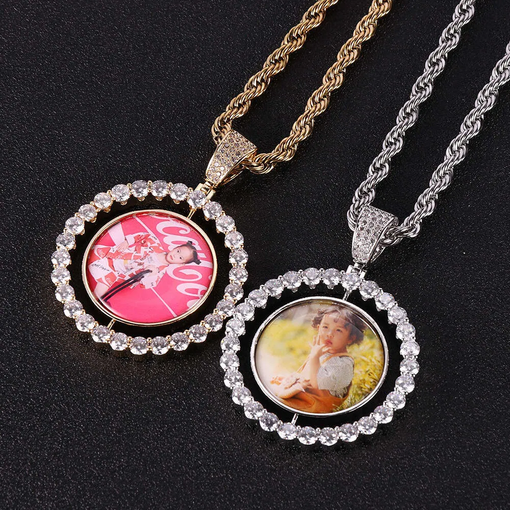 INS Memory Photo Rotatable Double-sided with Micro Inlaid Zircon Trendsetter Circular Pendant