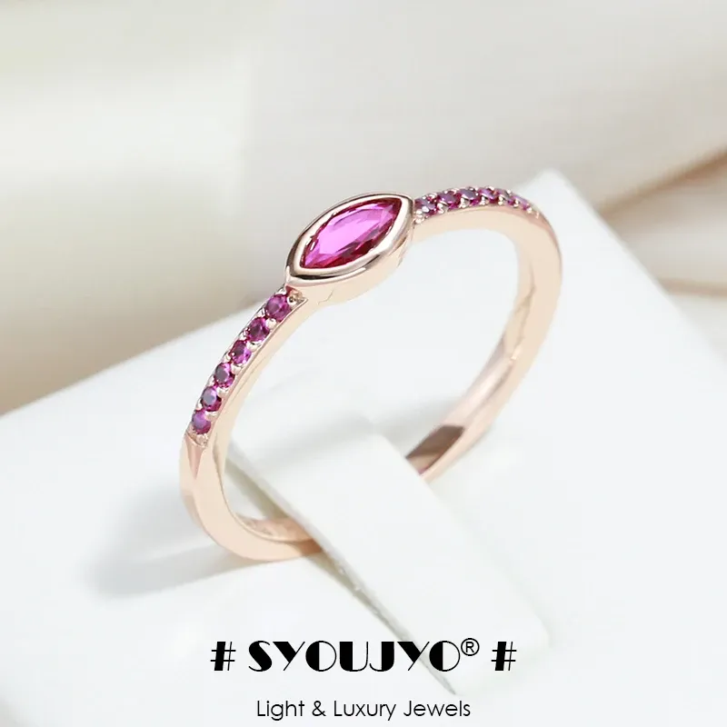 Bands Syoujyo Einfacher schlanker roter natürlicher Zirkonringe für Frauen eleganter Braut Hochzeit Schmuck 585 Roségold Farbe Korea Trendy Ring