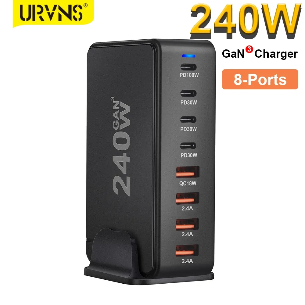 Chargers UrVNS 240W USB C Laddare GAN 8PORT DESKTOP LADDING STATION 100W USBC Laptop Charger för MacBook Pro iPhone 15/14/13 Samsung