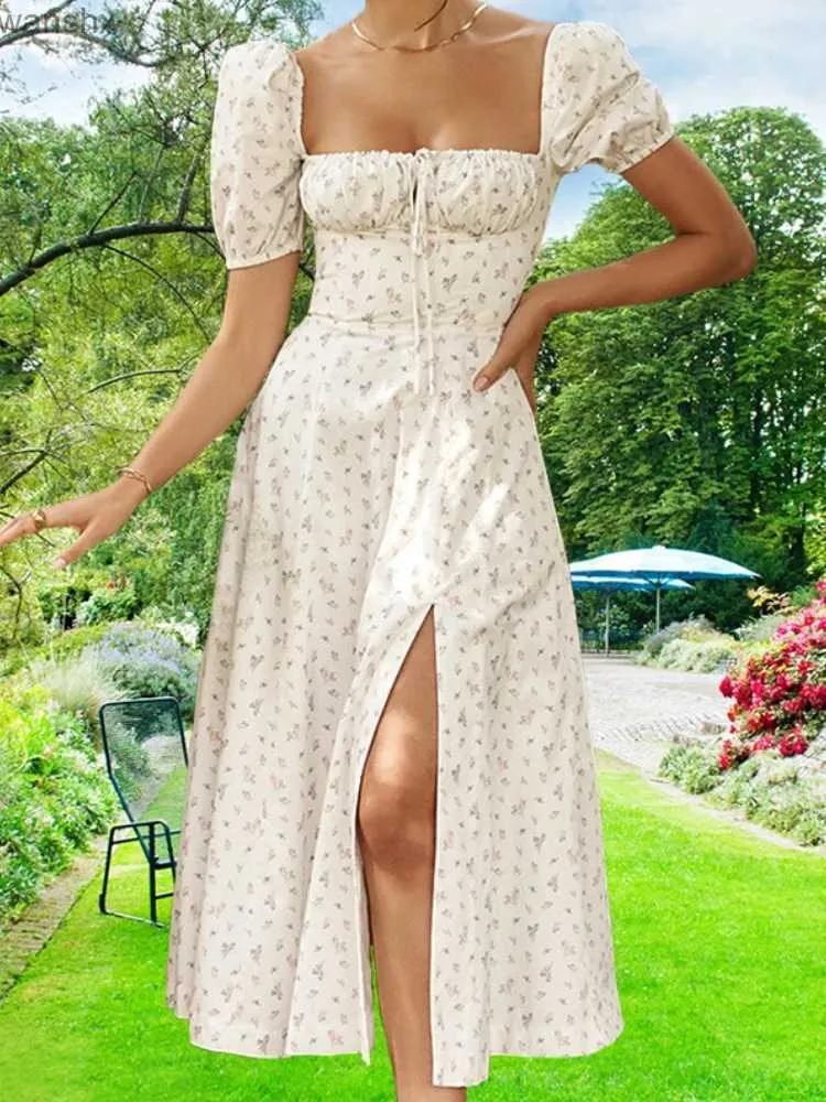 基本的なカジュアルドレスドレスフローラルスリムフィットフロックスクエアネックラインレースアップスプリットショートスリーブドレス夏の不規則な衣服セクシーな女の子衣装2404