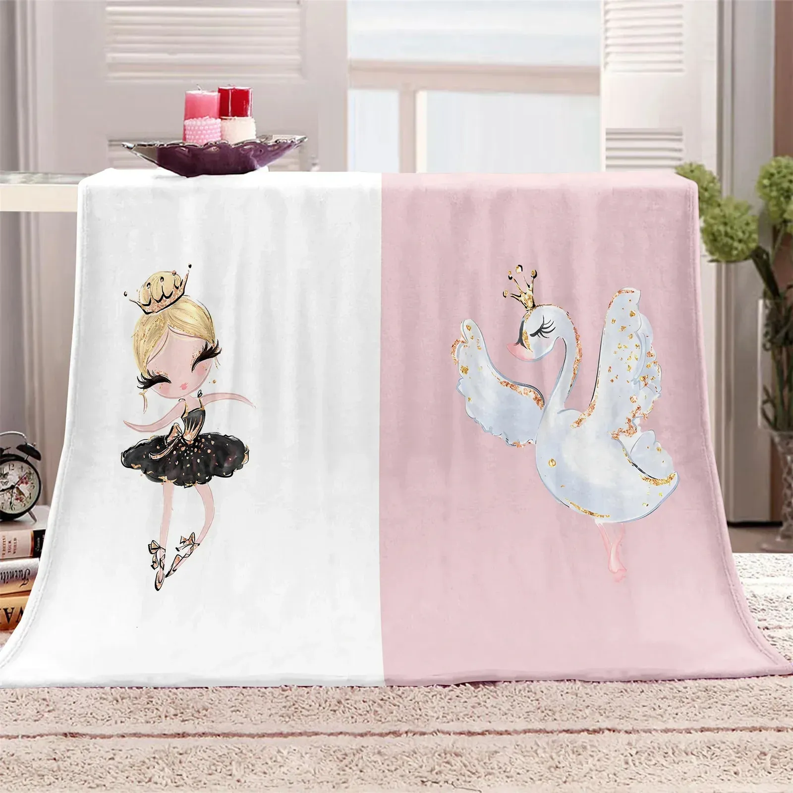 Anpassade barn Unicorn Black Princess Pink Swan Girl Soft Polyester Throw Flanell Filt för sovrums säng resekontor Rest omslag 240417