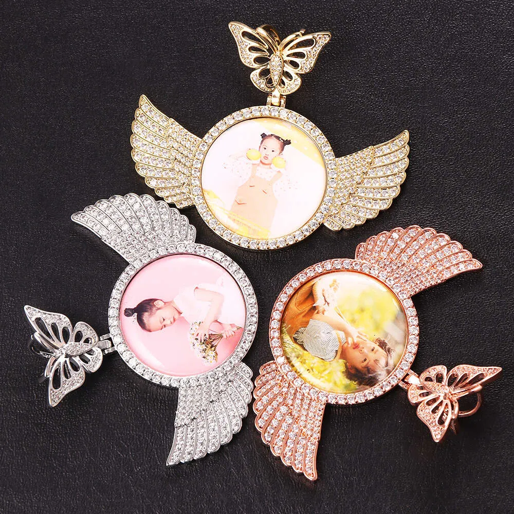 Hip Hop Jewelry Butterfly Head Angel Wings Round Pendant Micro Set Zircon DIY Personlig fotoram