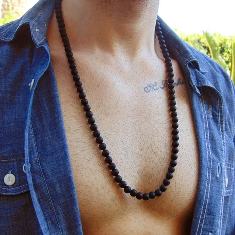 Kettingen 2023 Eenvoudige mode Mat Black Bead ketting voor mannen Classic Handmade Natural Stone Strand kralen ketting yoga sieraden cadeau