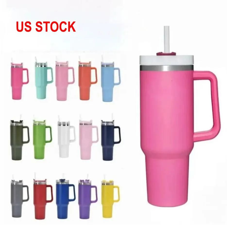 ABD Stok Paslanmaz Çelik 40oz Tumbler Cups Sap kapaklı ve saman büyük kapasiteli seyahat araba kupaları Termos Yalıtımlı Su Şişeleri 20 Renk GG0423