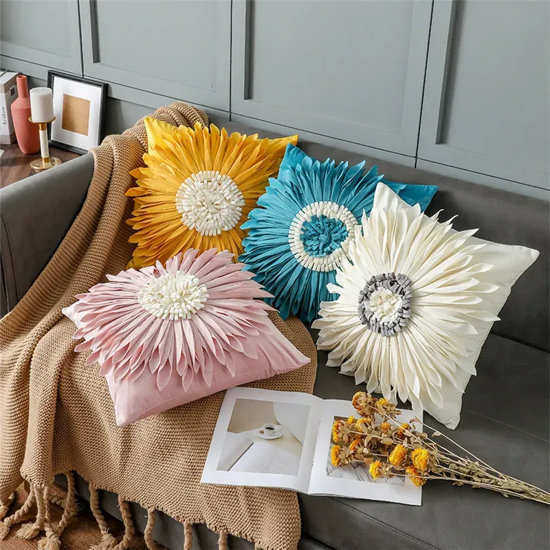Pillow Fashion Modern Style Pink White Throw Pillows 45*45cm Veet Ing 3d Chrysanthemum Cushion Waist Pillow Blue Cushion Case
