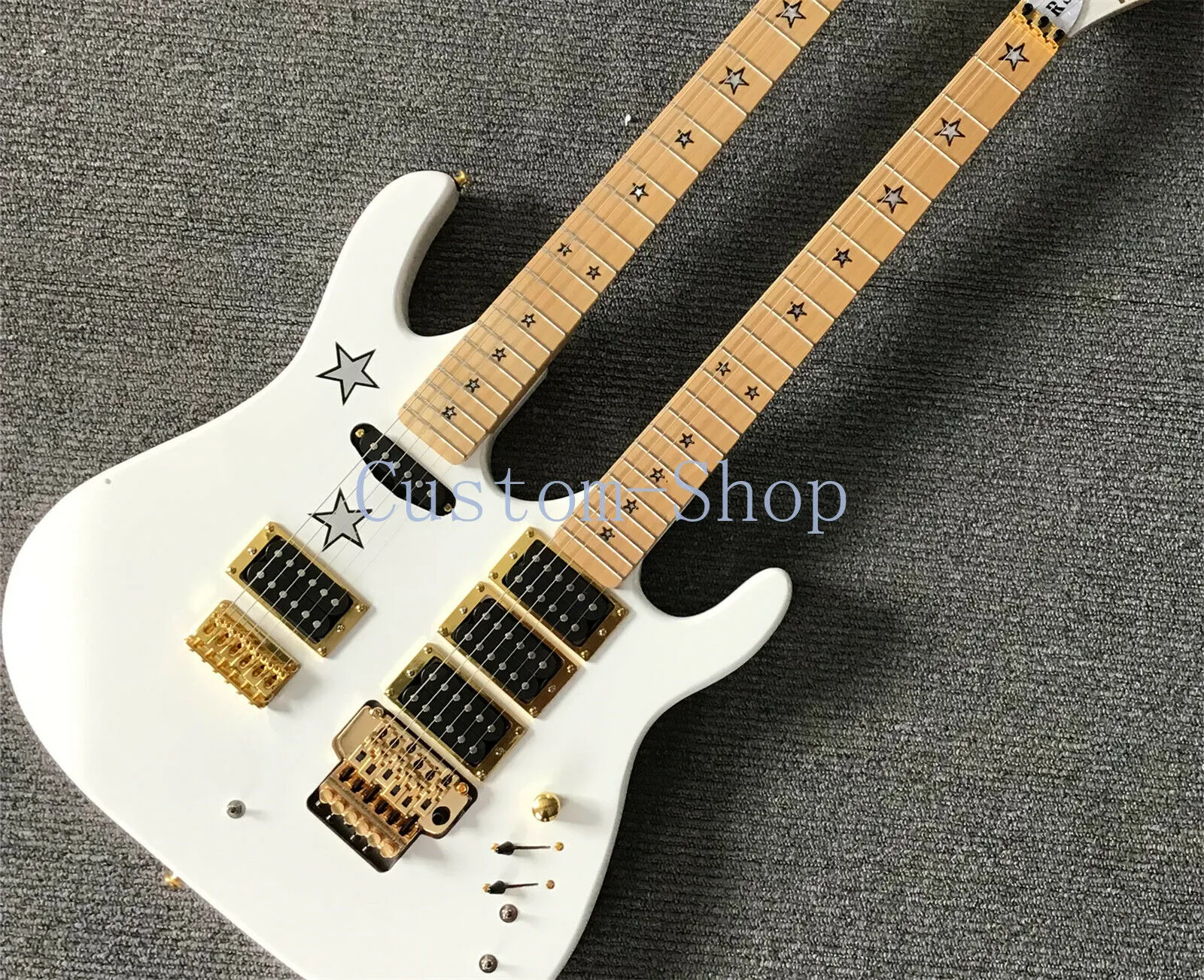 Richie Sambora Stars Double Neck 6 piqûres crème crème blanche Guitare électrique floyd rose Tremolo One Fiexd Bridge 3 Camiques étoiles Incrusta Gold Leaf étoiles sur le corps Gold Hardware