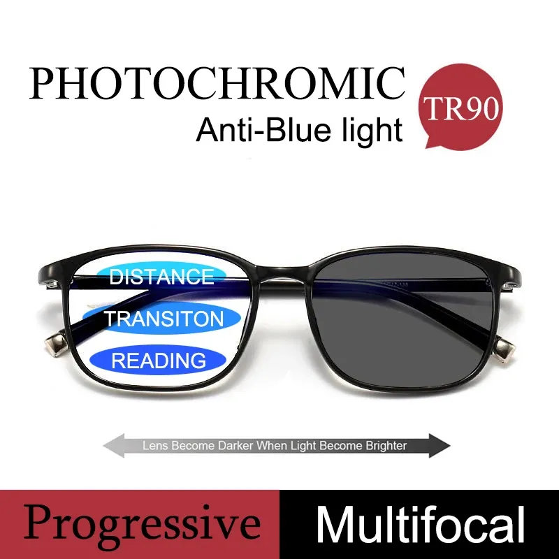 Çerçeve TR90 Geçiş Fotokromik Okuma Gözlükleri Erkekler İlerici Çok Etkili İş Gözlükler Smarth AntiBlue Hafif Gözlük 1.5