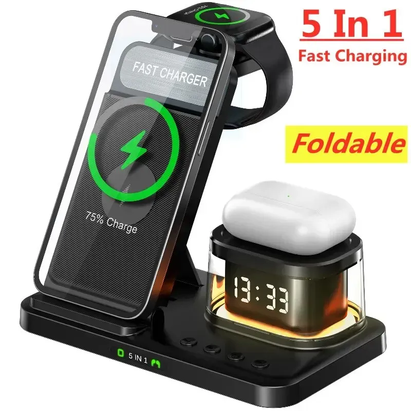 Chargers 5 en 1 Chargeur sans fil Stand LED LECLAGE ALARME ALARME RAPPORT RAPPORT FAST Station de charge pour iPhone 15 14 13 Apple Watch AirPods