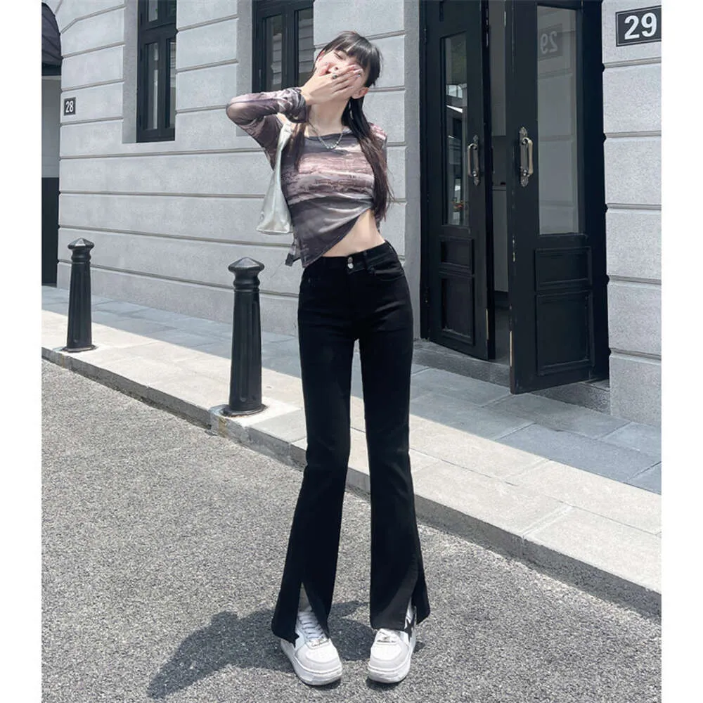 High waisted split denim flared pants for women to look slim and versatil 2024 spring new elastic micro flared pants