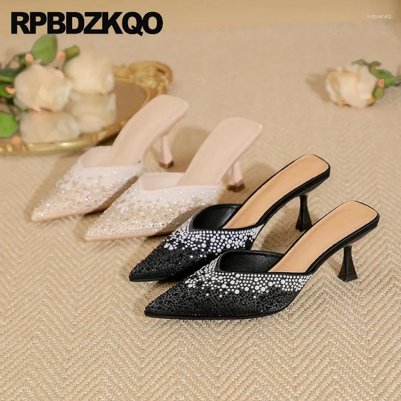 Talltor Crystal High Heels Satin Jewel Mules Rhinestone Diamond Stiletto Stängt tå kvinnor skor pumpar hälften glider sandaler siden