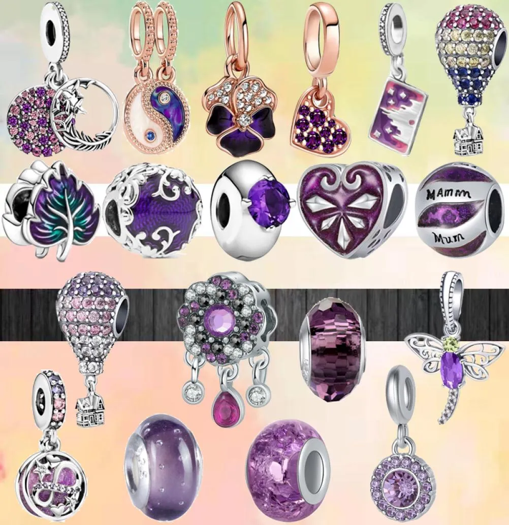 Fit charms 925 bracelet Bead Original box Fashion Purple Flowers Love Leaves Zircon European charm jewelry2130485