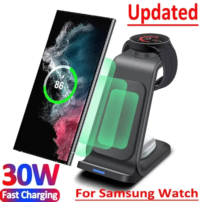 Laders 30W 3 in 1 draadloze laderstandaard voor iPhone 15 14 13 12 Samsung Galaxy Apple Watch 7 8 9 AirPods Pro Fast Charging Dock Station