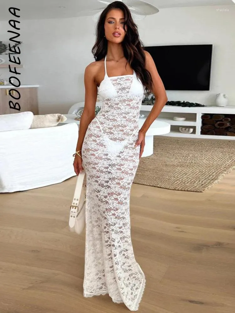 Lässige Kleider Boofeenaa trägerlos long auftreten durch spitzen weiß schwarzes sommer kleid für Frau 2024 Strand Cover up Urlaub Outfit C70CZ23