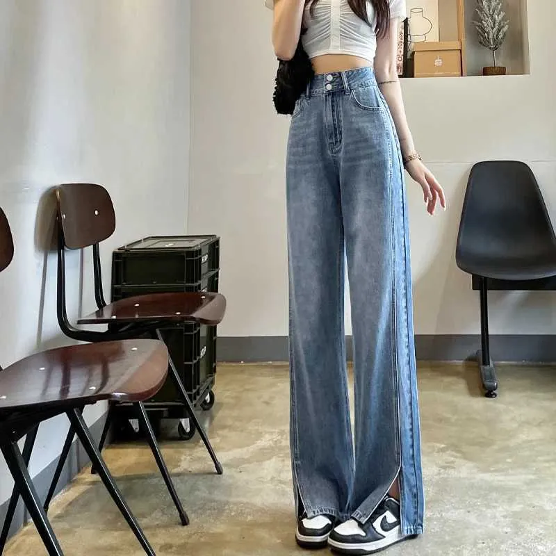 Women's Jeans Summer Blue Thin Jeans Fashion Straight Mopping Pants High Casual Baggy Split Wide Leg Denim Vintage High Waist Trouser Y240422