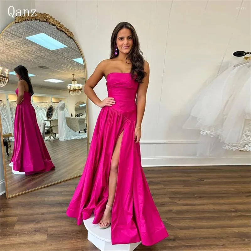 Party Dresses Qanz Fuchsia Long Prom Dress For Girls Sexy Side Split Evening Gowns Ruched Birthday Robe Vestidos Para Eventos Especiales