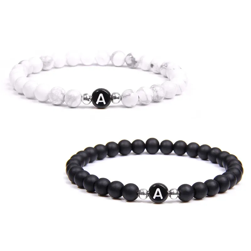 Strands Black White Stone DIY id 26 Letters Bracelet for Women Men couple Jewelry Name Friendship Lucky Bead Bracelet Kids Family Gift