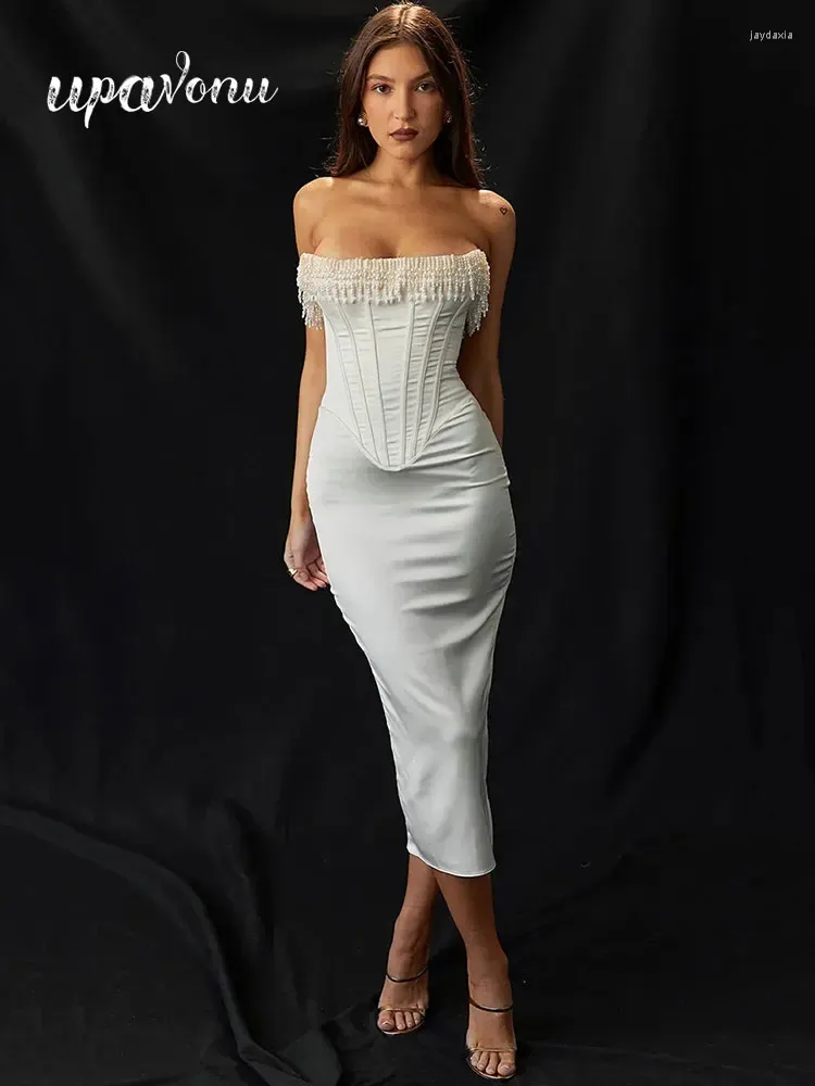 Strapless Casual Dresses Satin Bodycon Midi Dress Beaded Tassel Design  Sleeveless Off Back for Cocktail Party