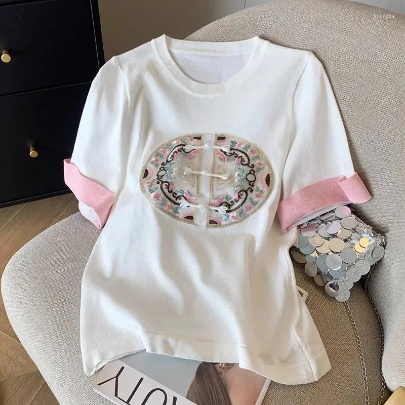 Women's T Shirts EBAIHUI Chinese Embroidery Design Women T-shirt With Pan Buckle Short Sleeve Ladies Shirt Summer Specially Unique Tee