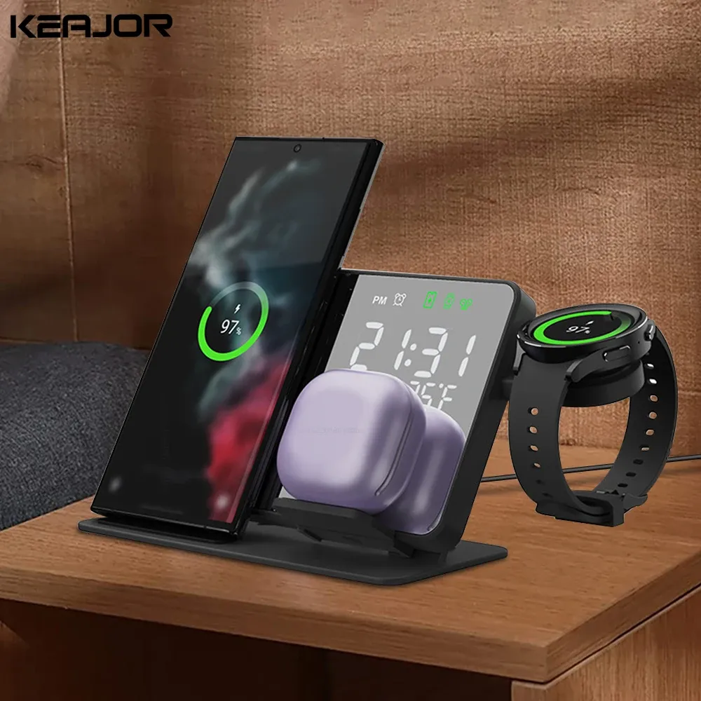 Chargers 3 in 1 Wireless Charger For Samsung Galaxy Watch 6 5 Pro Fast Charging Station For Galaxy S23 S22 S21 Alarm Clock Chargers Stand