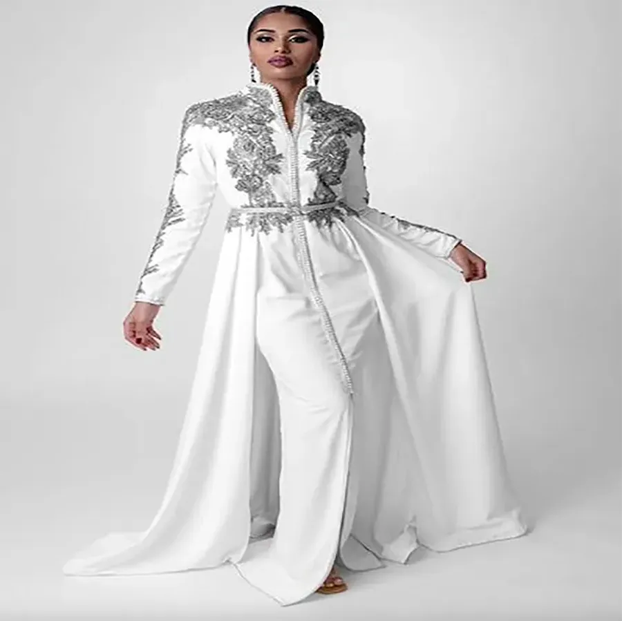 White Arabic Elegant Morrocan Evening Dresses 2024 Kaftan Dubai Formal Prom Dress Party Vestido Longo Robe De Soiree Mariage Fashion Abaya Gowns