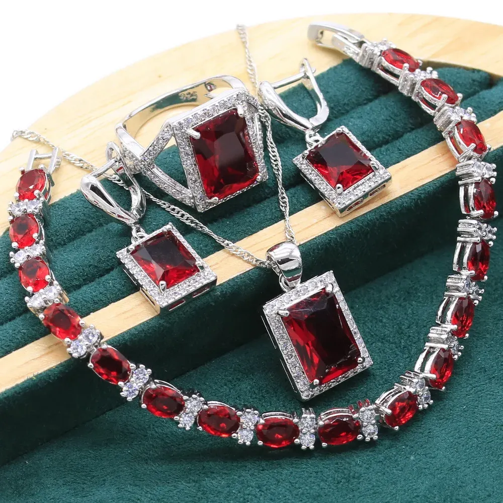 Strands Noble Rosso Ruby 925 Set di gioielli in argento sterling per donne Bracciale da matrimonio Orecchini lunghi Anello a sospensione Ringi di Natale