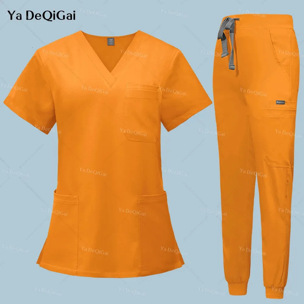 الزي الرسمي الممرضات المرتفعة مع الجيوب تجميل صالون عمل ملابس Topjogger السراويل عيادة Workwear Scrubs مجموعة 240418