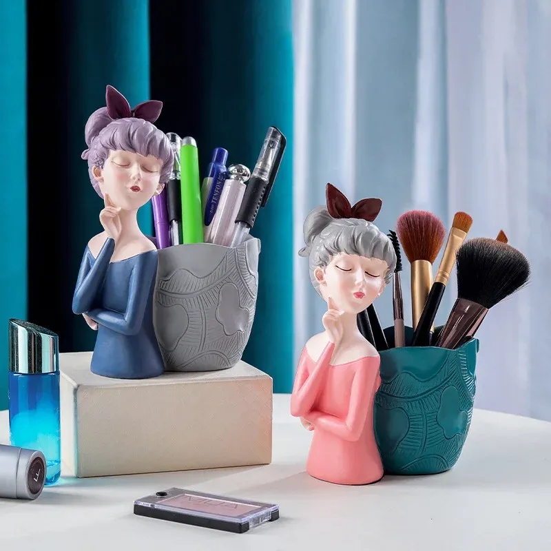 Vases Nordic Home Decoration Resin Vase Vase Pot Pot Holder Makeup Makeup Brush Box Rangement Boîte de rangement mignon Girl Sculpture Décoration de bureau