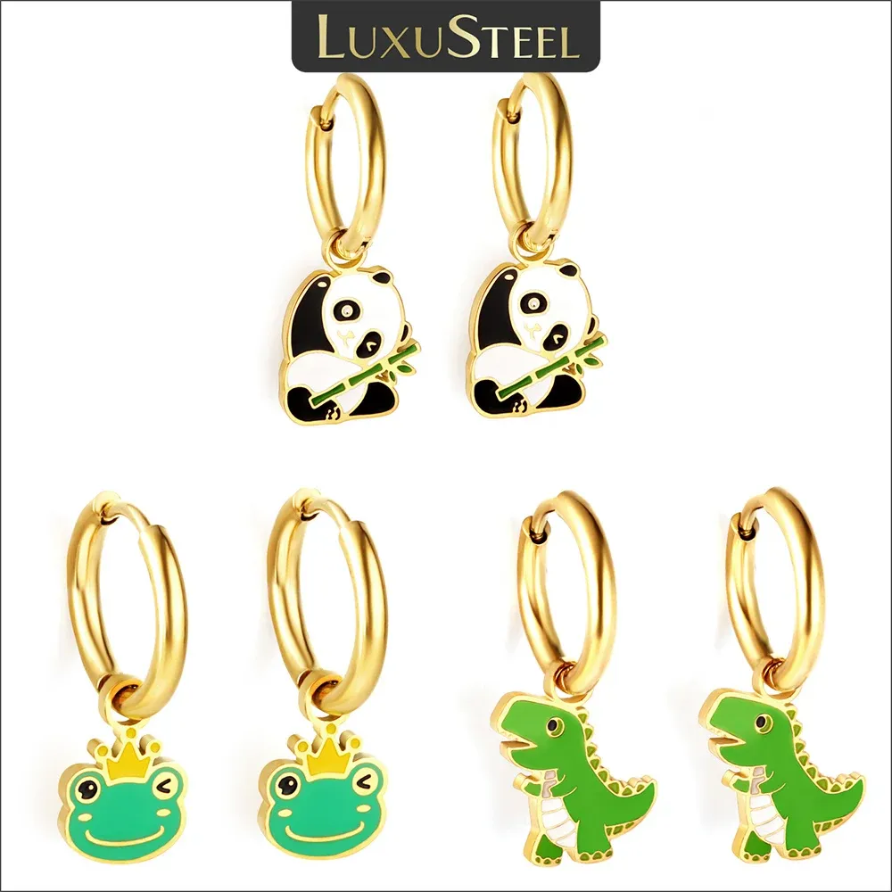 Boucles d'oreilles luxusteel mignons boucles d'oreilles de cerceau avec animal suspendu pour petite fille garçons panda grenouille dinosaure en acier inoxydable boucle d'oreille Noël