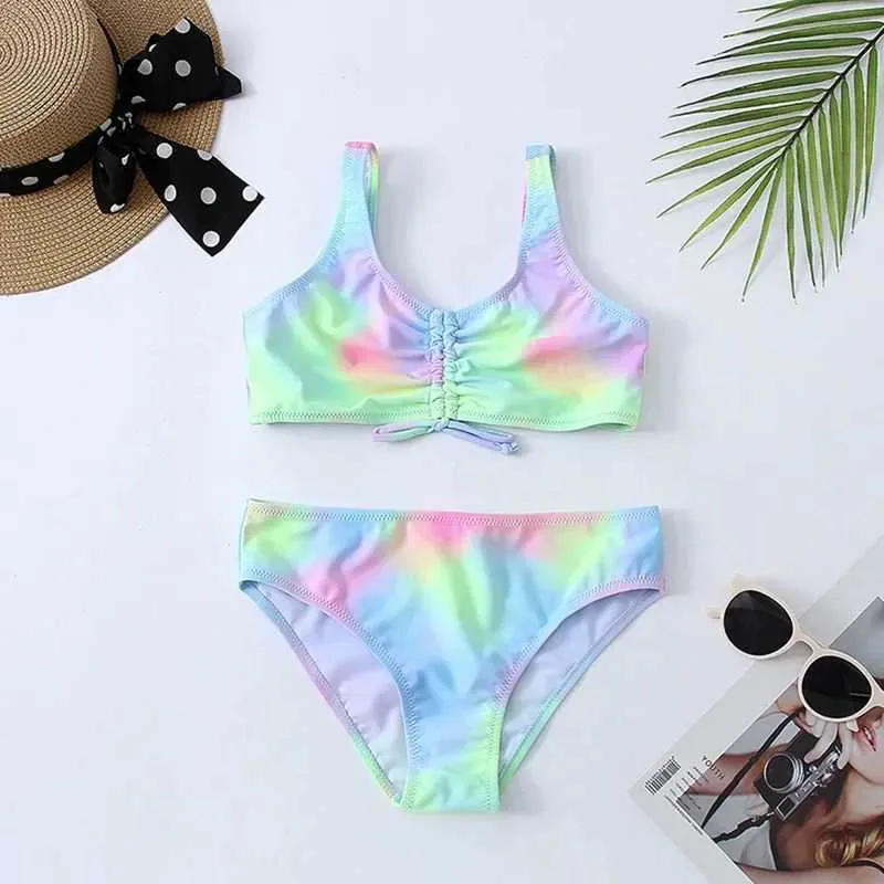 Swim Wear Tie Dye Girls Swimsuit Kids 7-14 Years Two Piece Childrens Swimwear Ruched Front Bikini Set Teen Bathing Suit 2024 Beachwear 240423