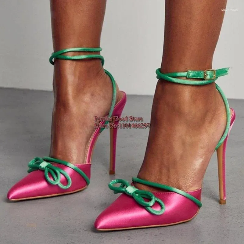 Dress Shoes Pink Satin Heels Pointy Toe Pumps Green Ankle Strap Knot Front High Heel Women Cutouts Gladiator Runway Patchwork