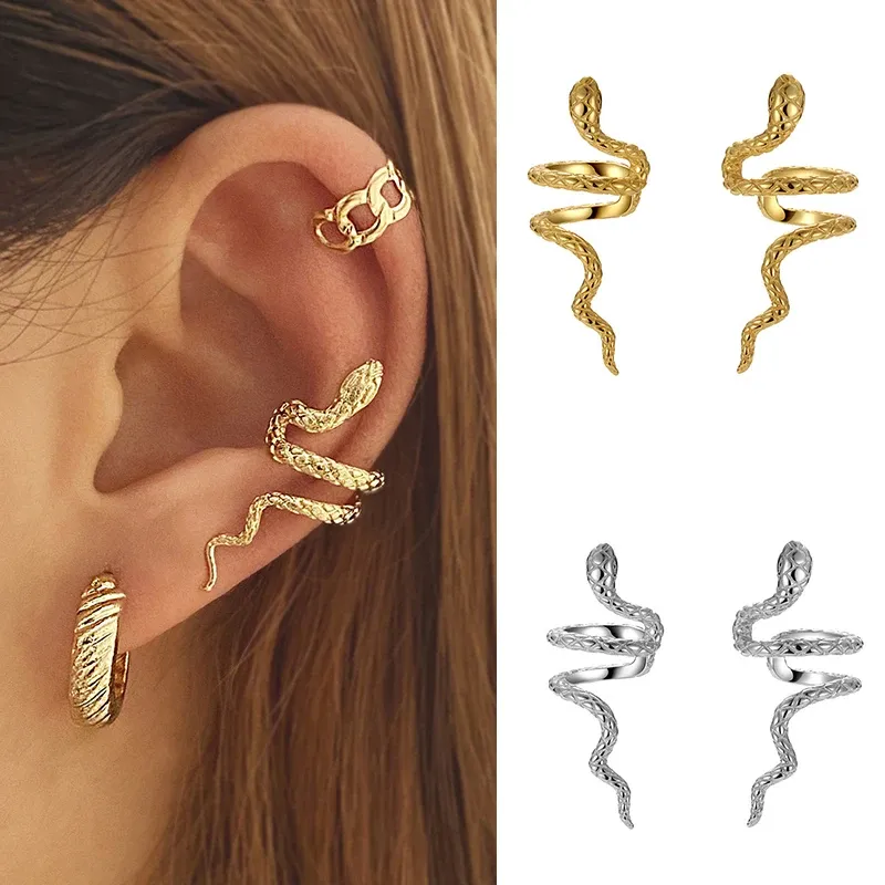 Boucles d'oreilles 1pc punk vintage serpent oreille ne pas percer les boucles d'oreilles pour femmes gothiques couleurs argentées cartilage oreille coup d'oreille bijoux de mode de mode