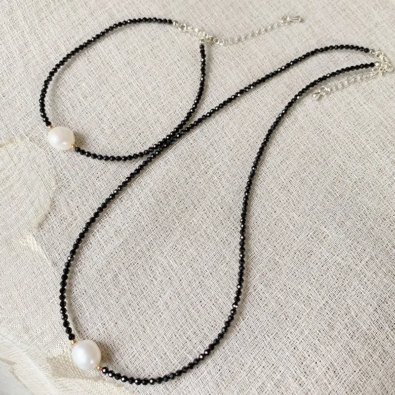 Necklaces Reiki Healing Jewelry 2mm Small Black Obsidian Stone Choker Necklace White Baroque Pearl Charm Natural Freshwater Pearl Necklace