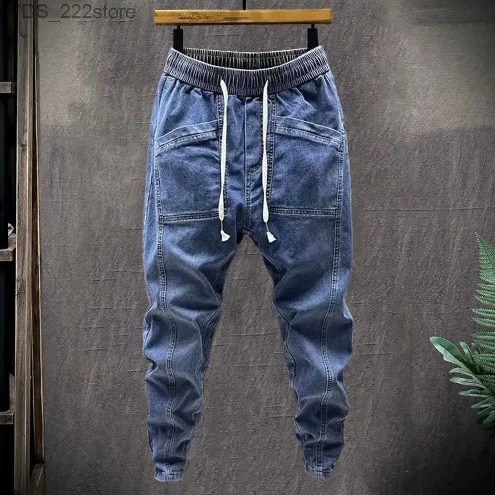 Women's Jeans Elastic waist denim mens elastic Drsstring waist denim cargo pants with pockets solid color harem mens spring and autumn yq240423