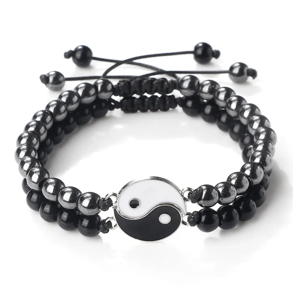 Strängar bästa vän armband set 6mm naturstenpärlor charm tai chi yin yang justerbart rep par armband smycken gåva för älskare