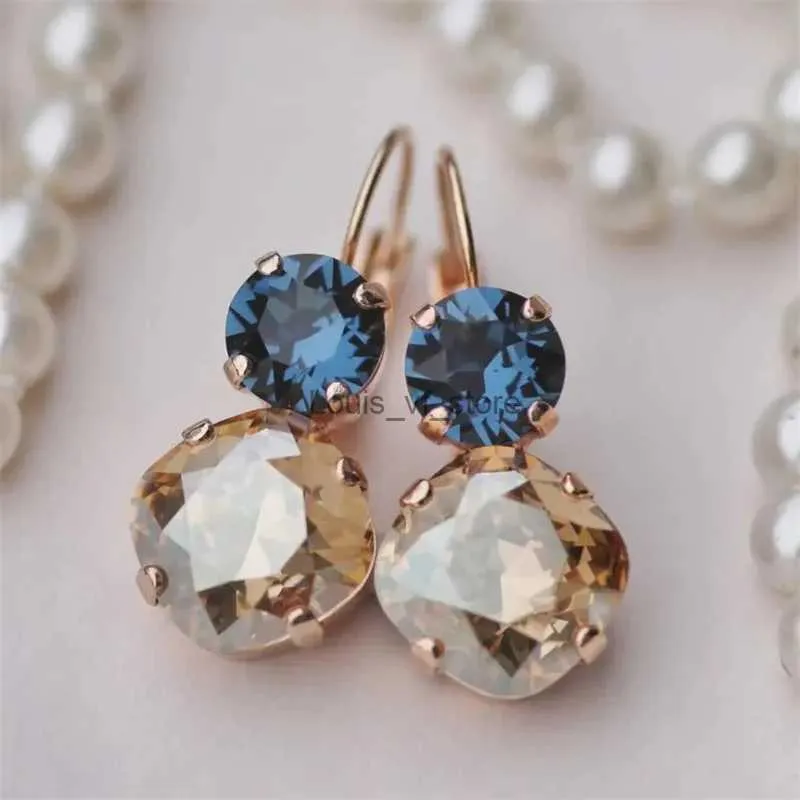 Dangle Chandelier Exquisite Women Fashion Earrings Gold Color Round Inlaid Blue Champagne Stone for H240423