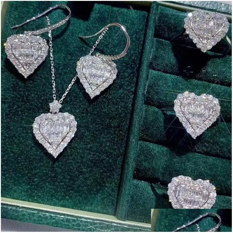 Smyckesuppsättningar 2021 Choucong Cocktail Luxury Set 925 Sterling Sier Fl T Princess Cut Topaz Cz Diamond Heart Pendant Earring Women Ring otfxf