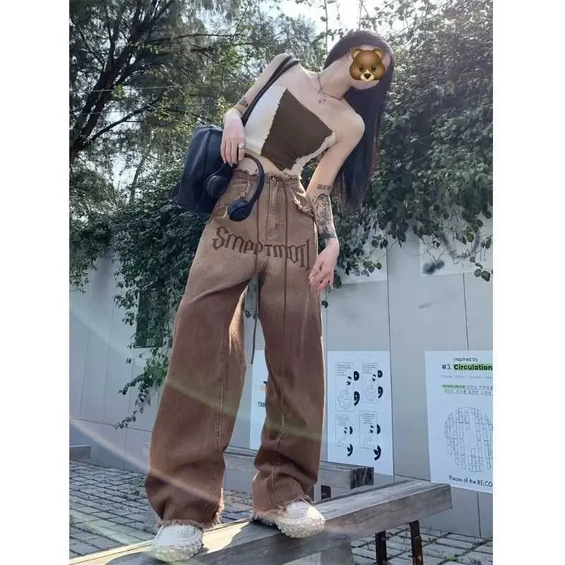 Women's Jeans Strtwear Vintage Jeans High Waisted Brown Y2k Fashion Printing Raw Edge Trouser For Womens Summer Korean Style Denim Long Pant Y240422