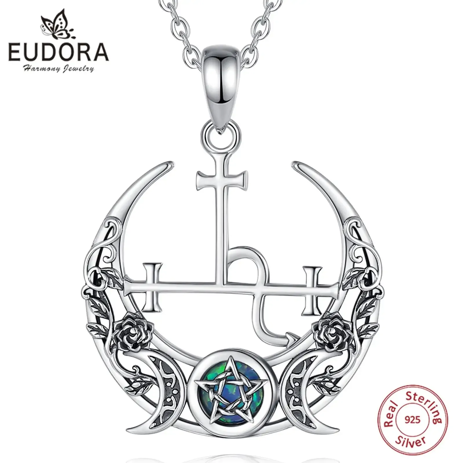 Halsketten Eudora 925 Sterling Silber Lilith Mond Halskette für Frauen Mann Opal Dreifachmond Göttin Amulett Pendellanz Persönlichkeit Schmuck Geschenk