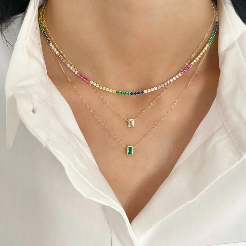 Necklaces Sexy Short Sparking Rainbow Tennis Chain Chocker Necklace With AAA+ CZ Fashion Personality Women Collar Jewellery bijoux femme
