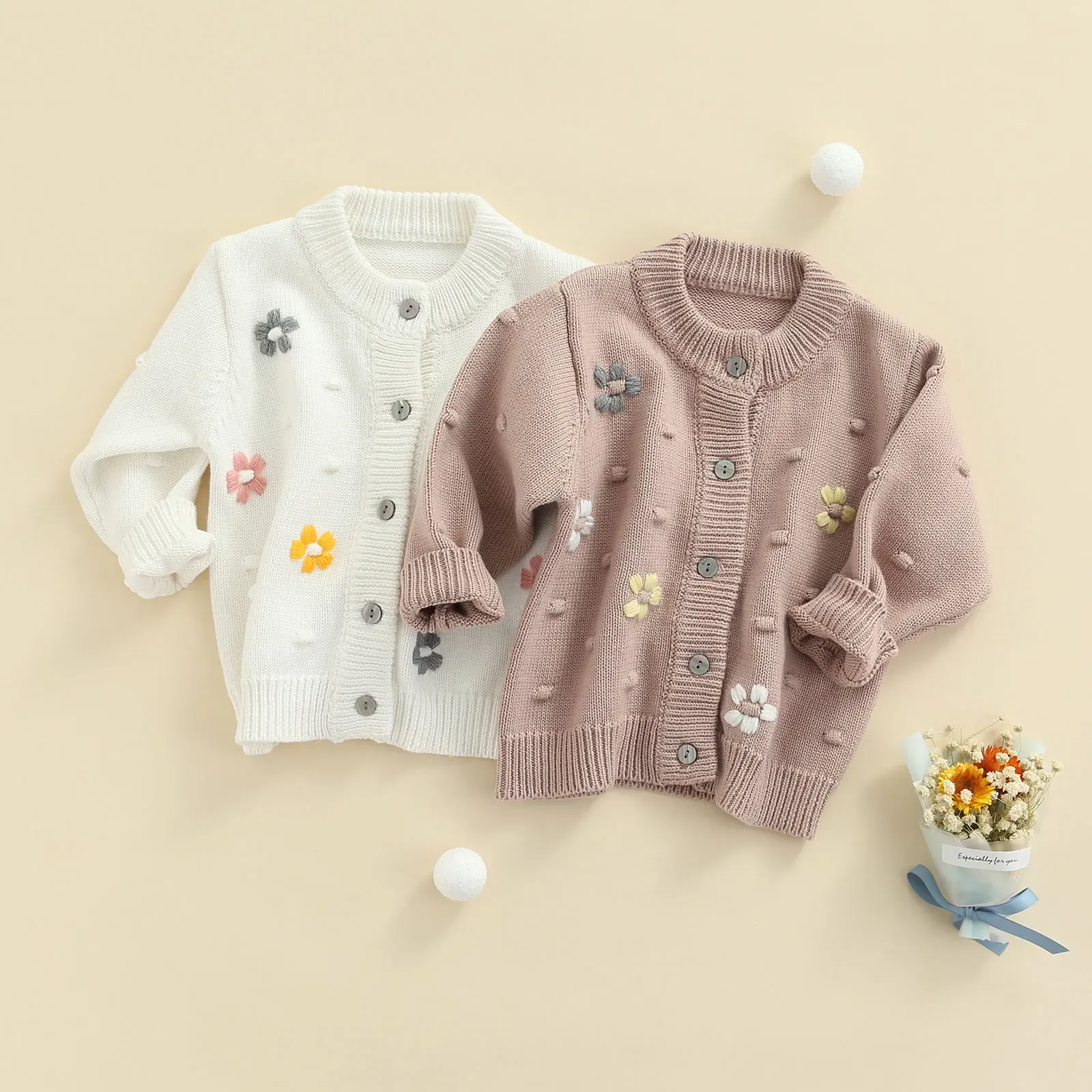 Camisolas recém -nascidos bebês bebê menina fofo de outono cardigan maconha margarida floral manga comprida botão de botão com nervuras