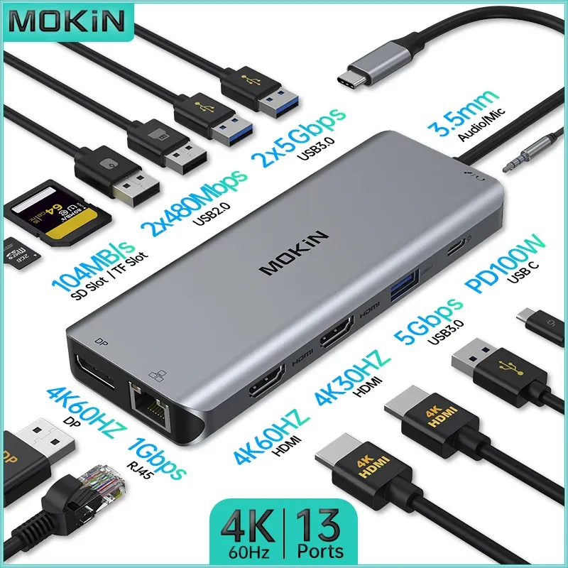 محطات Mokin 13 في محطة الإرساء 1 لـ MacBook Air/Pro ، Thunderbolt Laptop USB3.0 ، HDMI 4K60Hz ، DP 4K60Hz ، PD 100W ، RJ45 1GBPS