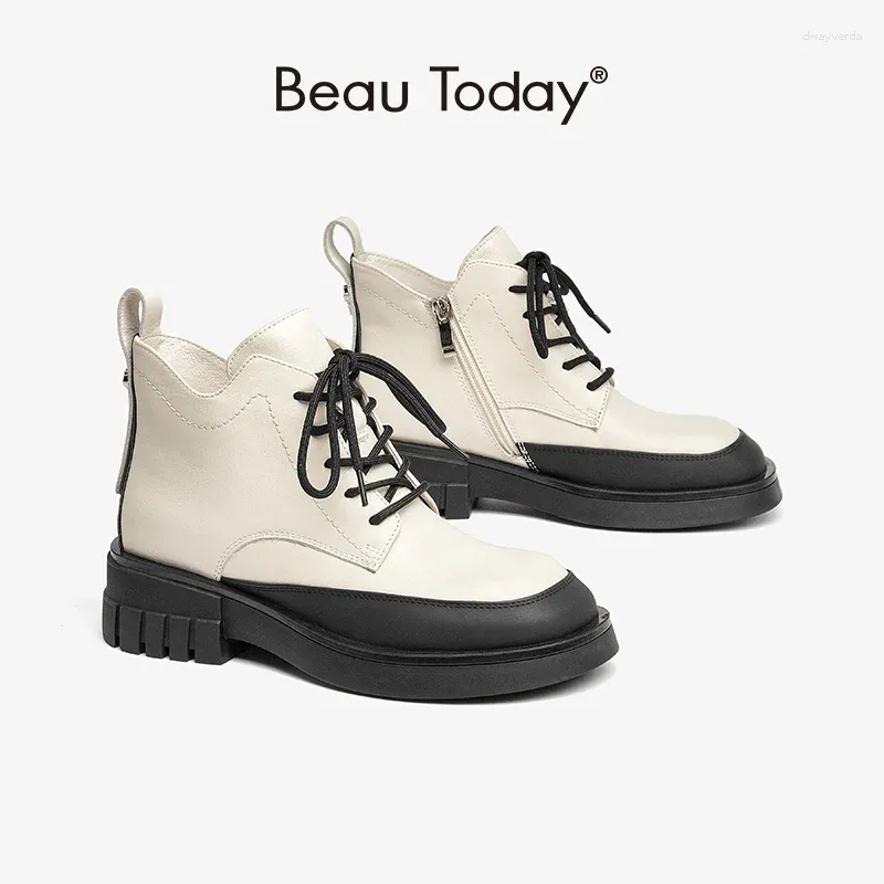 Boots Beautoday tornozelo feminino de bezerro redondo a plataforma deslizante SLAPE-UP LACE-UP LAPE ZIP SLEAVEL SPRING PARA SENHORAS