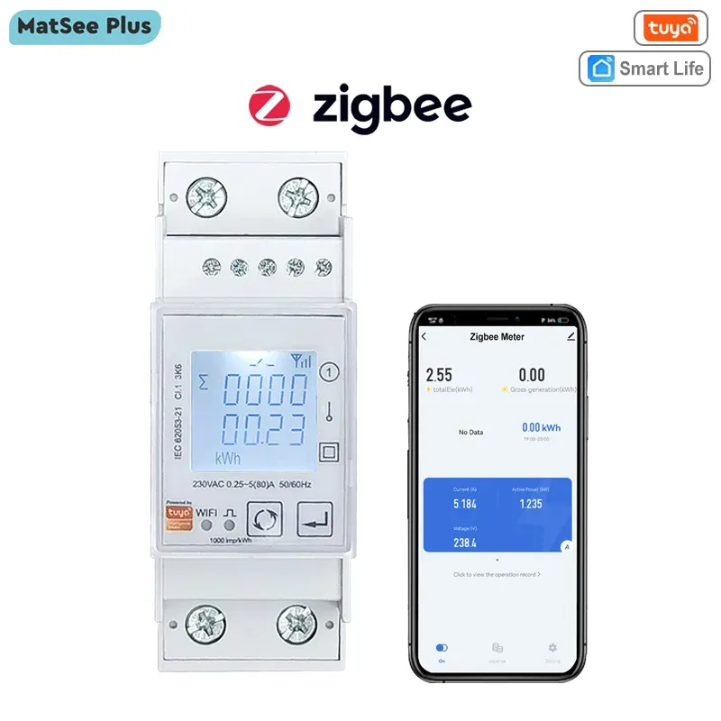Kontroll Tuya Smart Zigbee Energy Meter Bidirectional Single Fas 80A DIN Rail Power Monitor Wattmeter Voltmeter Ampermeter 110V 240VAC