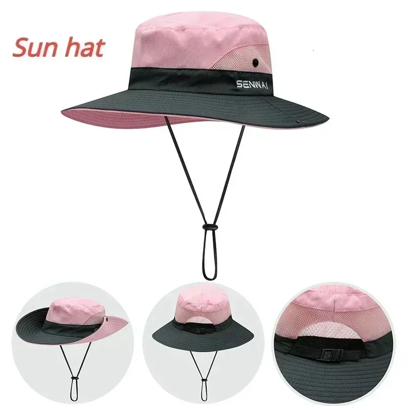 Womens UV Protection Wide Brim Sun Hats Cooling Mesh Ponytail Hole Cap Foldable Travel Outdoor Fishing Hat 240417